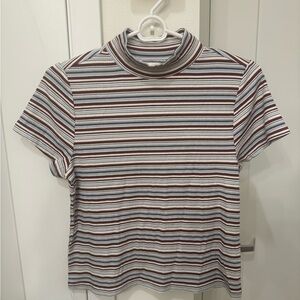 Maeve White Silver Fitted Mock Neck Short Sleeve T-Shirt